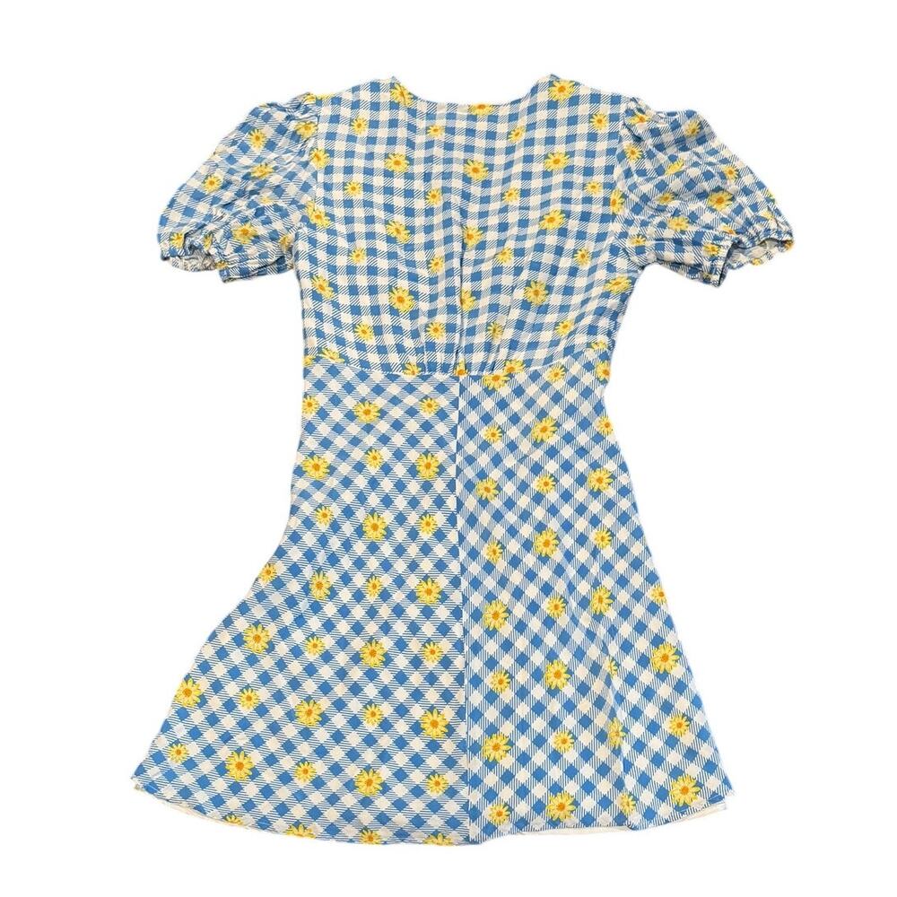 STAUD Milla Print Mini Dress Blue Gingham Daisy Plaid Puff Sleeve (sz 4) - Picture 4 of 6
